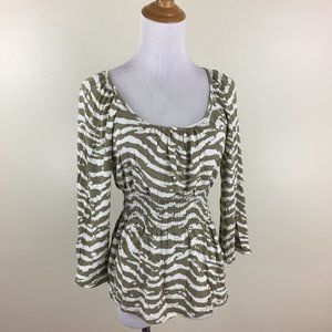 MICHAEL KORS Sage Green Ivory Print Elastic Waist 3/4 Sleeve Shirt